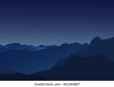 Vector background. Starry night sky. Stars, sky, night. Silhouette of the mountains