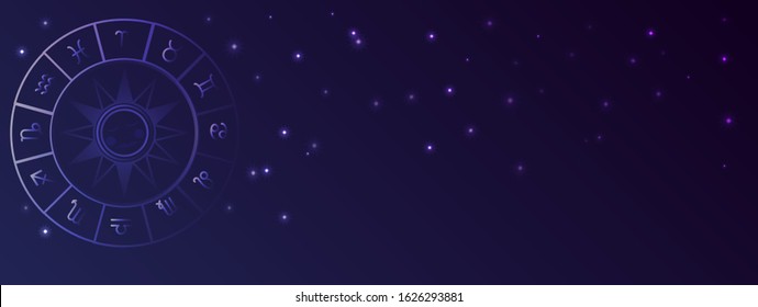 Vector background, starry sky, astrology, constellations, zodiac circle. Blue background with the signs of the zodiac: Capricorn, Scorpio, Pisces, Gemini, Taurus, Aries, Leo, Virgo, Aquarius, Cancer, 