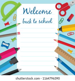 Vector background with stationery and office supplies and place for text