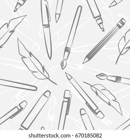 Vector background with stationery: pens, pencil, brush, pen. Seamless education pattern.