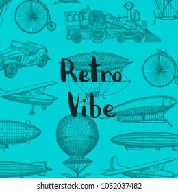 Vector background with steampunk hand drawn airships, air baloons, bicycles and cars with place for text illustration