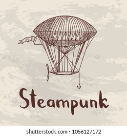 Vector background with steampunk hand drawn airships, air baloons, bicycles and cars with place for text illustration