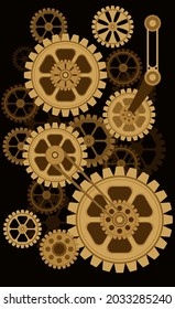 Vector background in the steampunk style of gears and mechanisms on a black background.