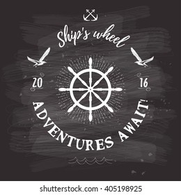 Vector background with steering wheel. Title "Adventures await" on chalk board. 