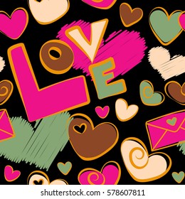 Vector background with stickers in cartoon 80s-90s comic style in yellow, magenta colors. Seamless pattern with fashion patch badges with hearts, letter and other elements on black backdrop.