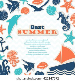 Vector background with stickers on the marine theme