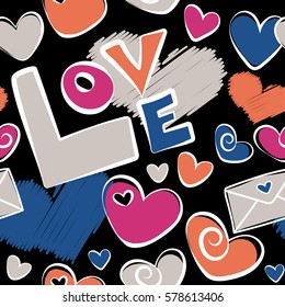 Vector background with stickers, pins in cartoon 80s-90s comic style in pink and orange colors. Seamless pattern with fashion patch badges with hearts, letter and other elements on black backdrop.