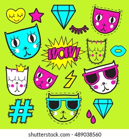 Vector background with stickers, pins, patches in neon colors