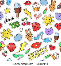 Vector background with stickers, pins, patches. Seamless pattern with fashion patch badges. Lips, hearts, stars in comic cartoon style