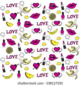Vector background with stickers, pins, patches in cartoon 80s-90s comic style.
