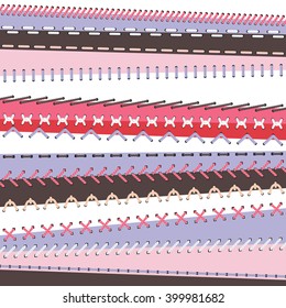 Vector background with stitch borders. Sewing embroidery dividers lines