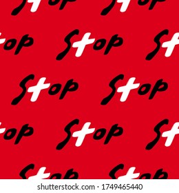 Vector background with stop sign. Seamless pattern with black text with char t similar to cross. Medical backdrop for resistance, opposition to virus, bacteria, infections.