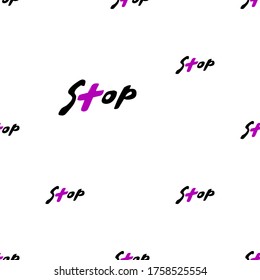 Vector background with stop sign. Seamless pattern with black text with char t similar to cross. Medical backdrop for resistance, opposition to virus, bacteria, infections.
