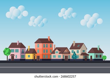 Vector background. Street, colorful houses, trees.