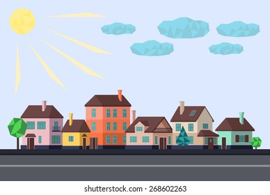 Vector background. Street, colorful houses, trees.