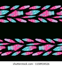 Vector Background with stripes of bright hand drawn feathers isolated on black. Seamless pattern.