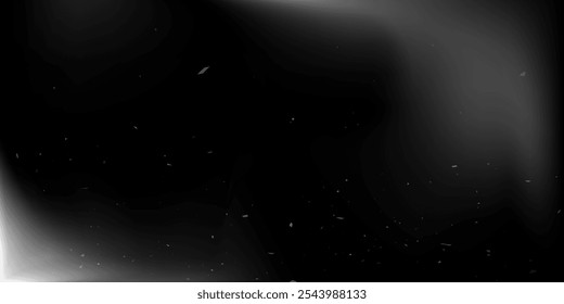 Vector background in the style of black film photography with the effect of light illumination and dust particles. Graphic abstract image with white iridescence