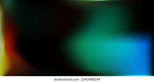 Fundo vetorial no estilo de fotografia de filme preto com o efeito de iluminação de luz. Uma imagem gráfica com iridescências brilhantes de verde, azul, laranja