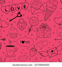 Vector background in the style of doodles for Valentine's Day. Seamless pattern with cute cartoon valentine accessories for printing on fabric, textiles, gift wrapping paper, for a wedding