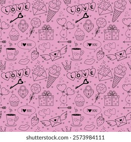 Vector background in the style of doodles for Valentine's Day. Seamless pattern with cute cartoon valentine accessories for printing on fabric, textiles, gift wrapping paper, for a wedding