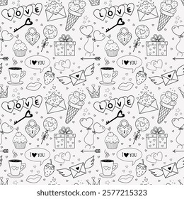 Vector background in the style of doodles for Valentine's Day. Seamless pattern with cute cartoon valentine accessories for printing on fabric, textiles, gift wrapping paper, for a wedding