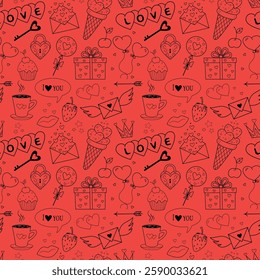 Vector background in the style of doodles for Valentine's Day. Seamless pattern with cute cartoon valentine accessories for printing on fabric, textiles, gift wrapping paper, for a wedding