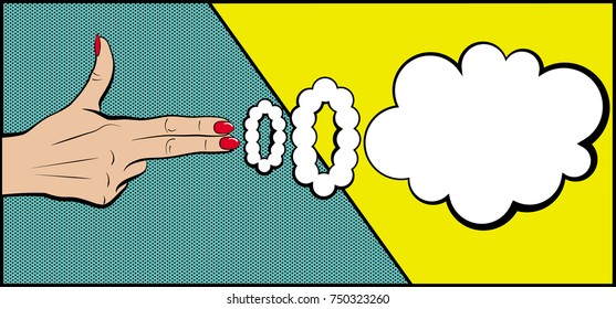 Vector background in style of pop art. A hand with a cloud for inscription.