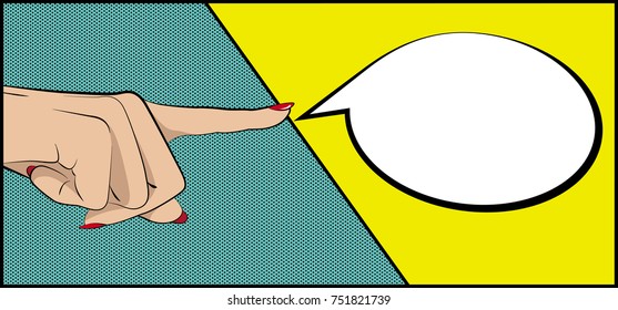 Vector background in style of pop art. A hand with a cloud for inscription.