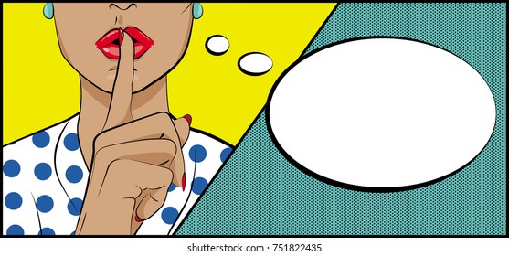 Vector background in style of pop art. The girl gestures for silence.