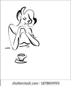 
Fondo del VECTOR con un
elegante  retrato original de dibujo gráfico a mano  con el hermoso modelo de chica joven en café con taza de café para diseño logotipo de belleza 