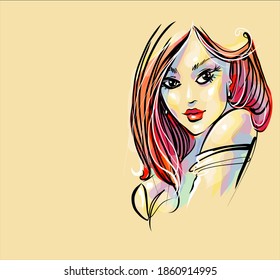 
VECTOR Background with a
stylish  original hand-drawn graphics portrait  with beautiful young attractive girl model for design. Fashion, style,    beauty . Graphic, sketch drawing.
logotype