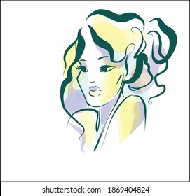 
Fondo del VECTOR con un
retrato gráfico original de boceto dibujado a mano con el hermoso modelo de chica joven para el logo de diseño de moda 