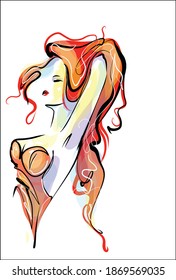 
Fondo del VECTOR con un
retrato gráfico original de boceto dibujado a mano con el hermoso modelo de chica joven para el logo de diseño de moda 