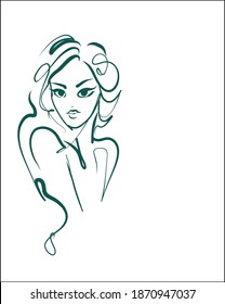 
Fondo del VECTOR con un
retrato gráfico original de boceto dibujado a mano con el hermoso modelo de chica joven para el logo de diseño de moda 