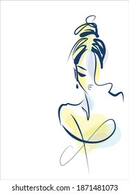 VECTOR Background with a stylish  original hand-drawn sketch graphics portrait  with beautiful young girl model for fashion design logo 