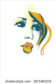VECTOR Background with a stylish  original hand-drawn sketch graphics portrait  with beautiful young girl model for fashion design logo 