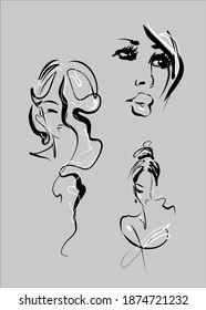 
VECTOR Background with a
stylish  original hand-drawn sketch graphics portrait  Set with beautiful young girl model for fashion design logo 