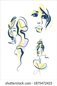 
Fondo del VECTOR con un
retrato gráfico original de boceto dibujado a mano Set con el hermoso modelo de chica joven para el logo de diseño de moda 