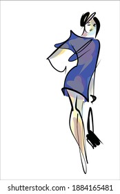
VECTOR Background with a
stylish  original hand-drawn sketch graphics portrait  with beautiful young girl model for fashion design logo 