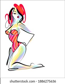 
VECTOR Background with a
stylish  original hand-drawn sketch graphics with beautiful young girl model in bikini for fashion design logo 