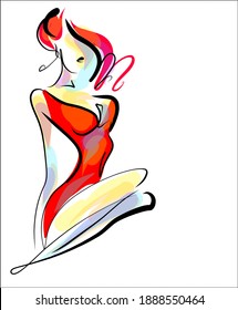 
VECTOR Background with a
stylish  original hand-drawn sketch graphics with beautiful young girl model in bikini for fashion design logo 