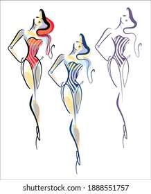 
VECTOR Background with a
stylish  original hand-drawn sketch graphics set with beautiful young girl model in bikini for fashion design logo 