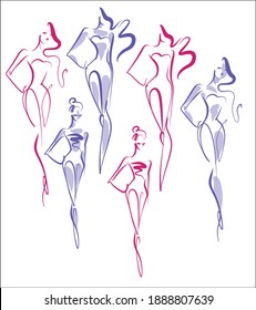 
VECTOR Background with a
stylish  original hand-drawn sketch graphics set with beautiful young girl model in bikini for fashion design logo 