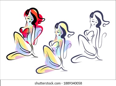 
VECTOR Background with a
stylish  original hand-drawn sketch graphics set with beautiful young girl model in bikini for fashion design logo 