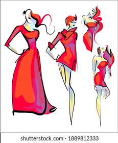 
Fondo del VECTOR con un
diseño original y elegante de dibujos gráficos dibujados a mano con el hermoso modelo de jovencita Set in dress for moda design logo 