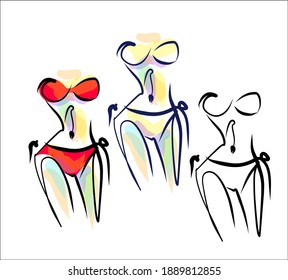
VECTOR Background with a
stylish  original hand-drawn sketch graphics set with beautiful young girl model in bikini for fashion design logo 