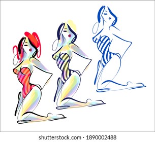 
VECTOR Background with a
stylish  original hand-drawn sketch graphics set with beautiful young girl model in bikini for fashion design logo 