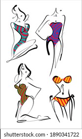 
VEKTOR-Hintergrund mit
stylische, handgezeichnete Skizze-Grafik-Set mit schönem jungen Girdmodell in Bikini für Modedesign-Logo 