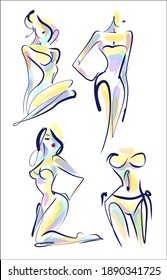 
VECTOR Background with a
stylish  original hand-drawn sketch graphics set with beautiful young girl model in bikini for fashion design logo 