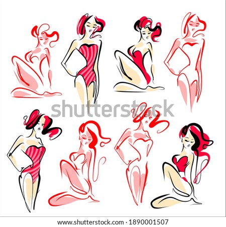 
VECTOR Background with a
stylish  original hand-drawn sketch graphics set with beautiful young girl model in bikini for fashion design logo 